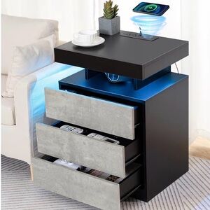 Black Nightstand with Concrete-Style Drawers and Blue LED Lighting